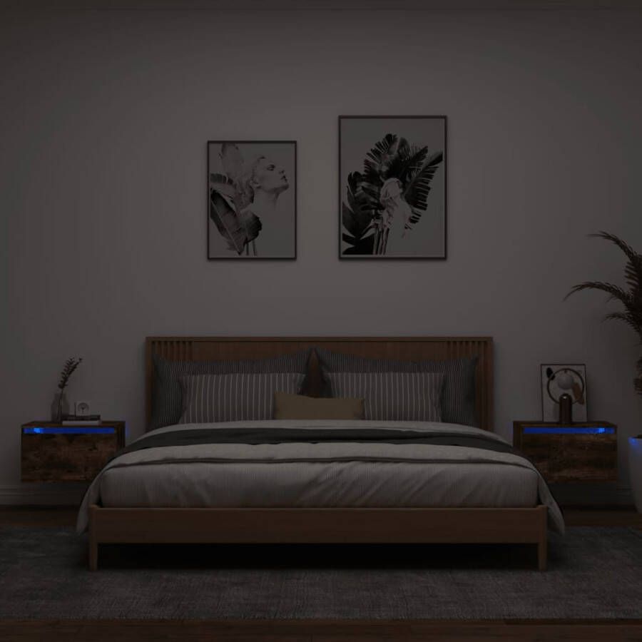 VidaXL Nachtkastjes met LED&apos;s 2 st wandgemonteerd gerookt eikenkleurig - Foto 3
