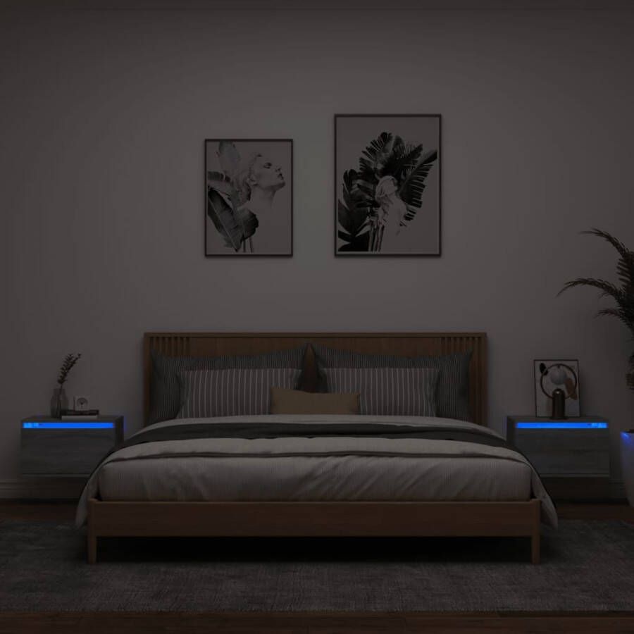VidaXL Nachtkastjes met LED&apos;s 2 st wandgemonteerd grijs sonoma eiken - Foto 3