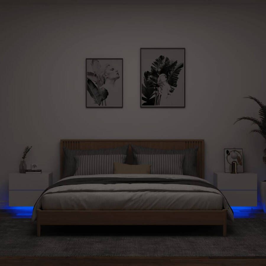 VidaXL Nachtkastjes met LED&apos;s 2 st wandgemonteerd wit - Foto 3