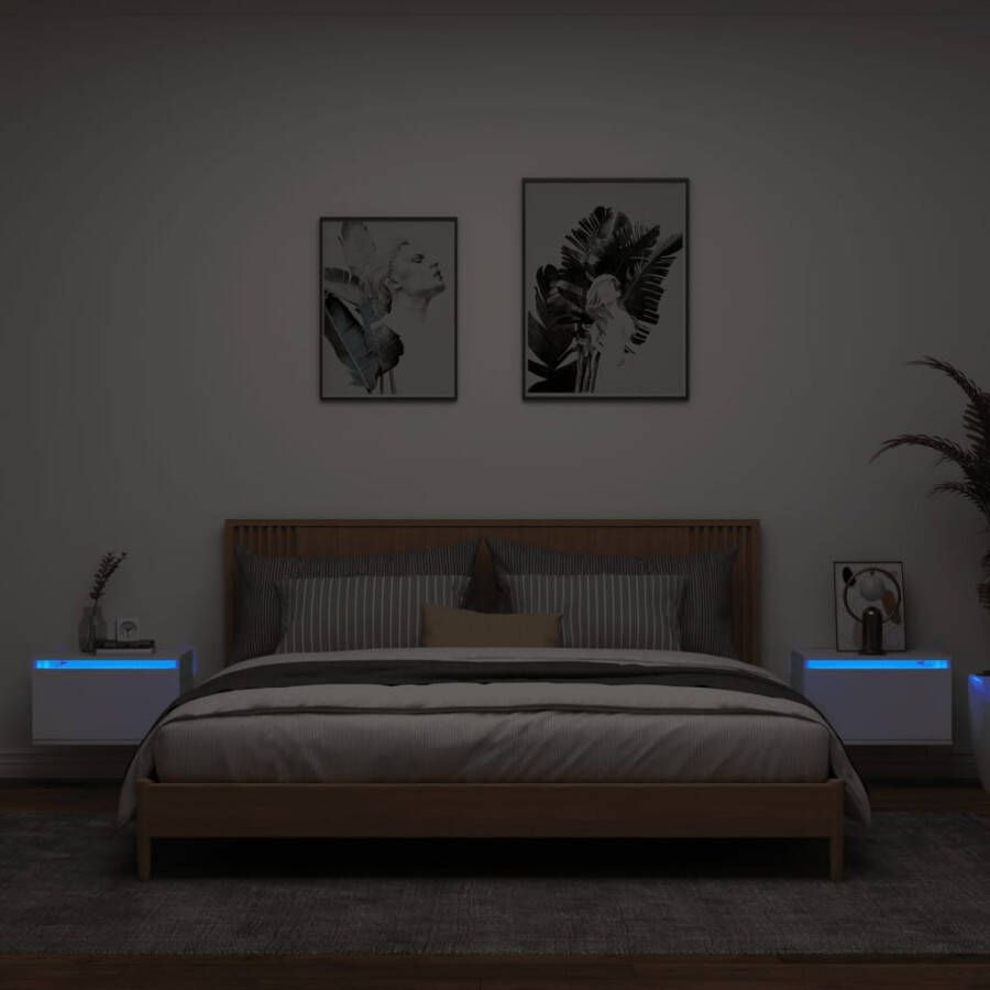 VidaXL Nachtkastjes met LED&apos;s 2 st wandgemonteerd wit - Foto 3