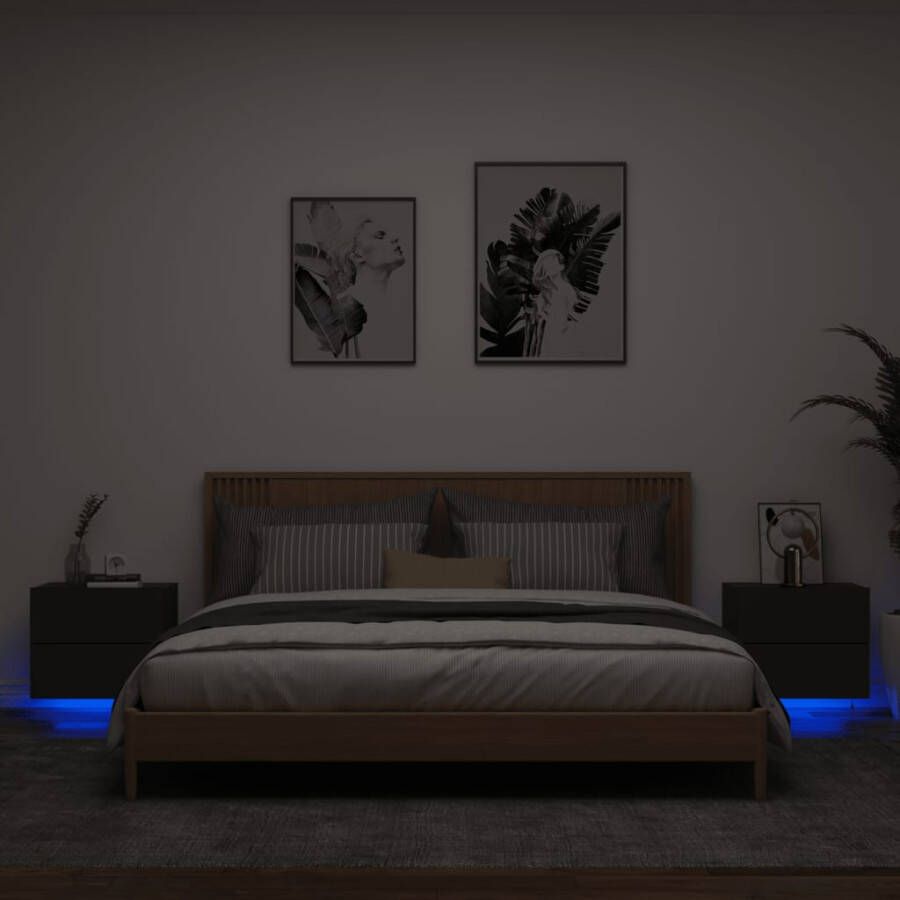 VidaXL Nachtkastjes met LED&apos;s 2 st wandgemonteerd zwart - Foto 3