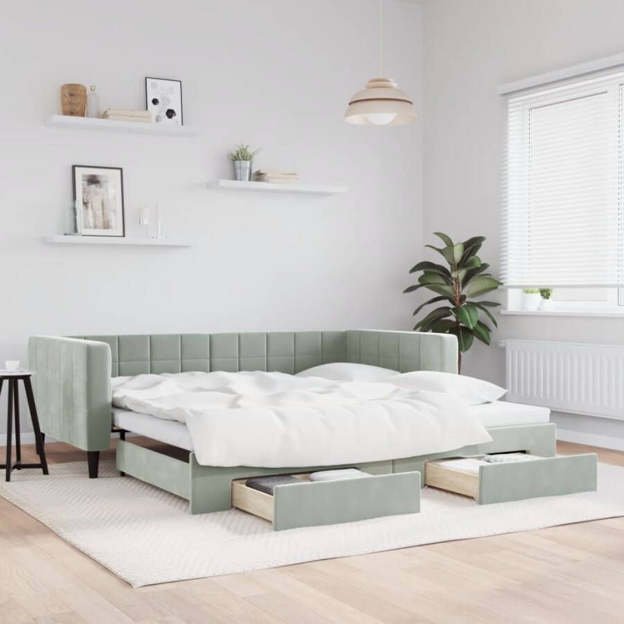 VidaXL -Slaapbank-onderschuifbed-en-lades-100x200-cm-fluweel-lichtgrijs - Foto 2