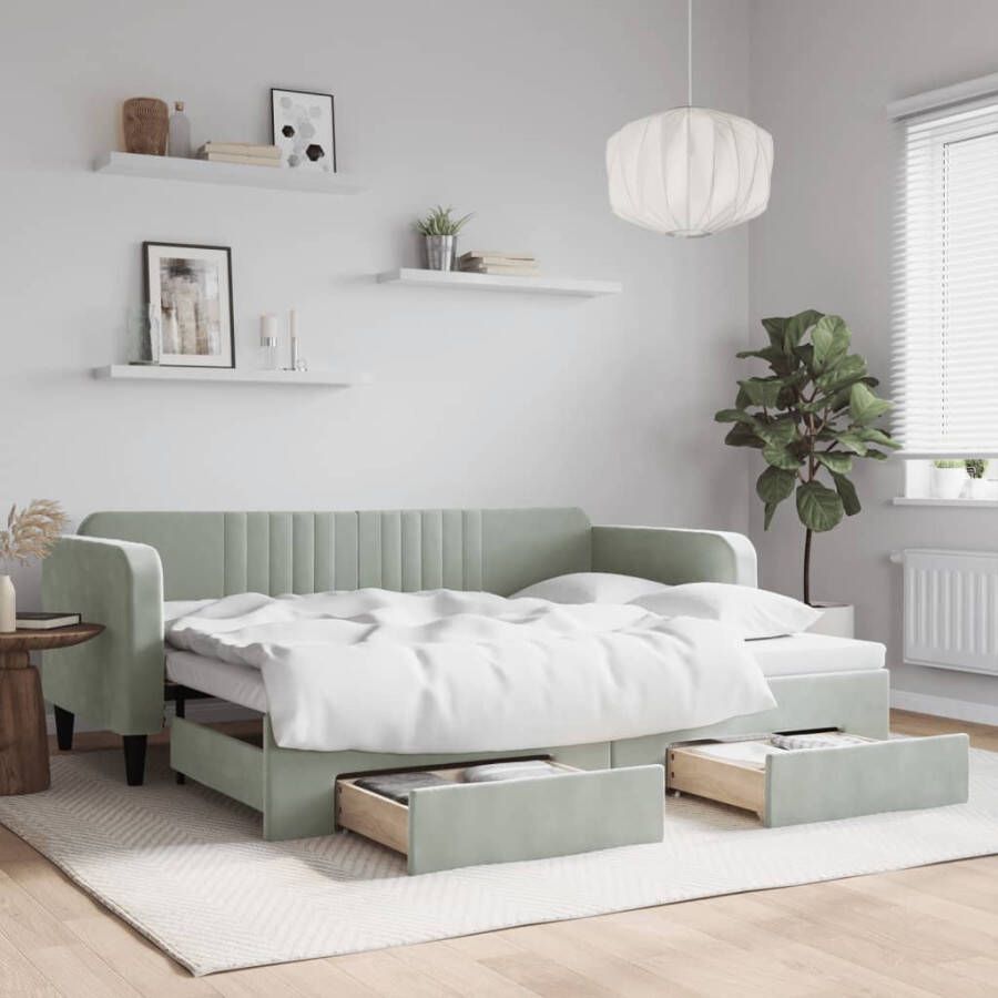 VidaXL -Slaapbank-onderschuifbed-en-lades-90x200-cm-fluweel-lichtgrijs