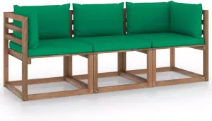 VIDAXL Tuinbank 3-zits pallet met groene kussens grenenhout