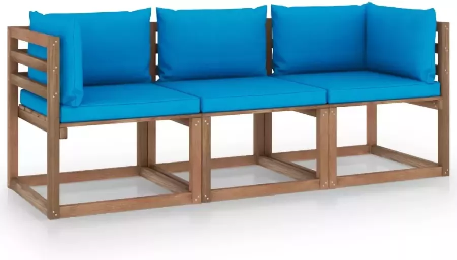 VIDAXL Tuinbank 3-zits pallet met lichtblauwe kussens grenenhout