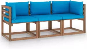 VIDAXL Tuinbank 3-zits pallet met lichtblauwe kussens grenenhout