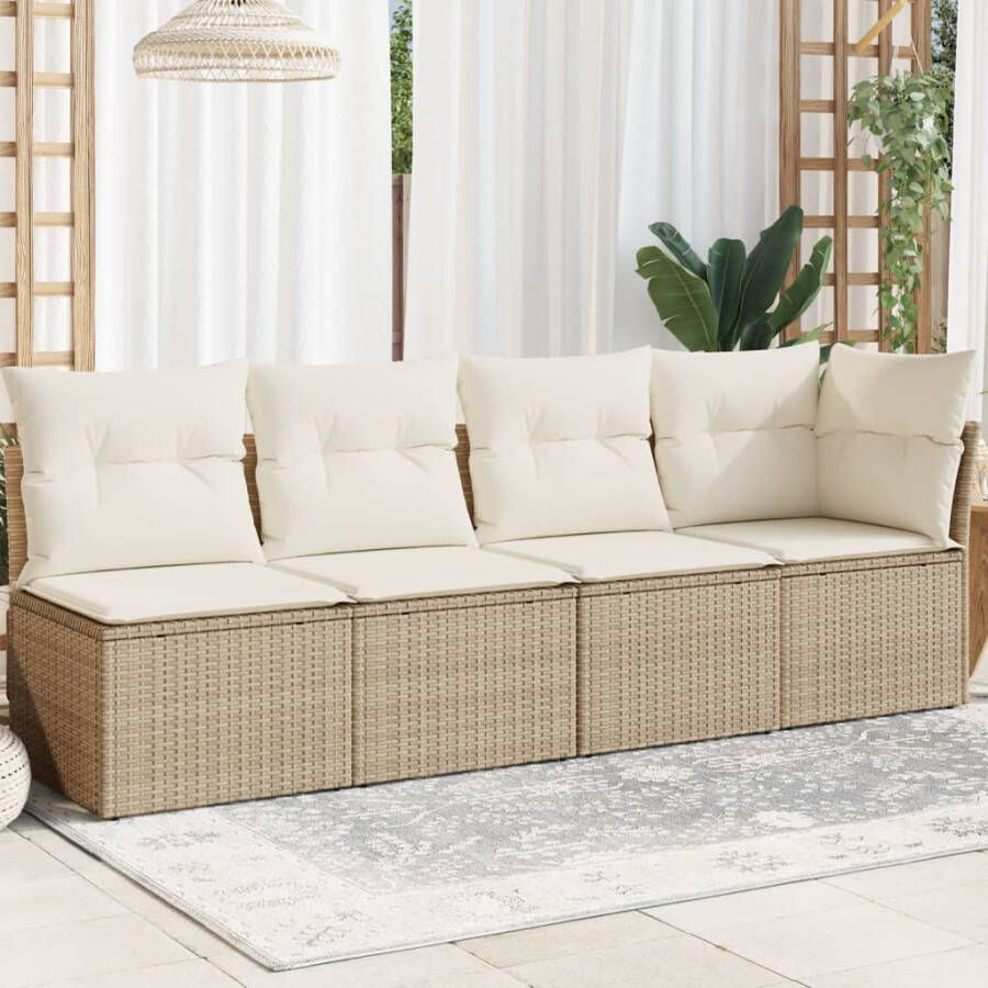 VIDAXL Tuinbank 4-zits met kussens poly rattan beige - Foto 4