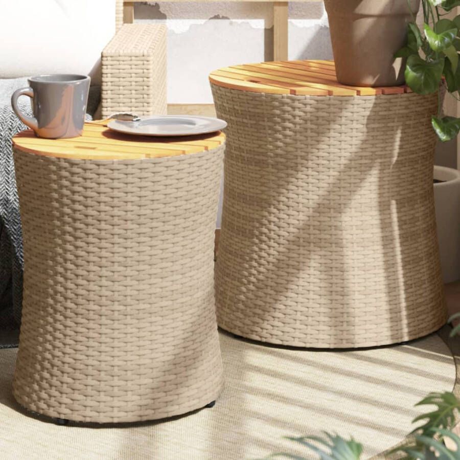VIDAXL Tuinbijzettafels 2 st met houten blad poly rattan beige - Foto 4