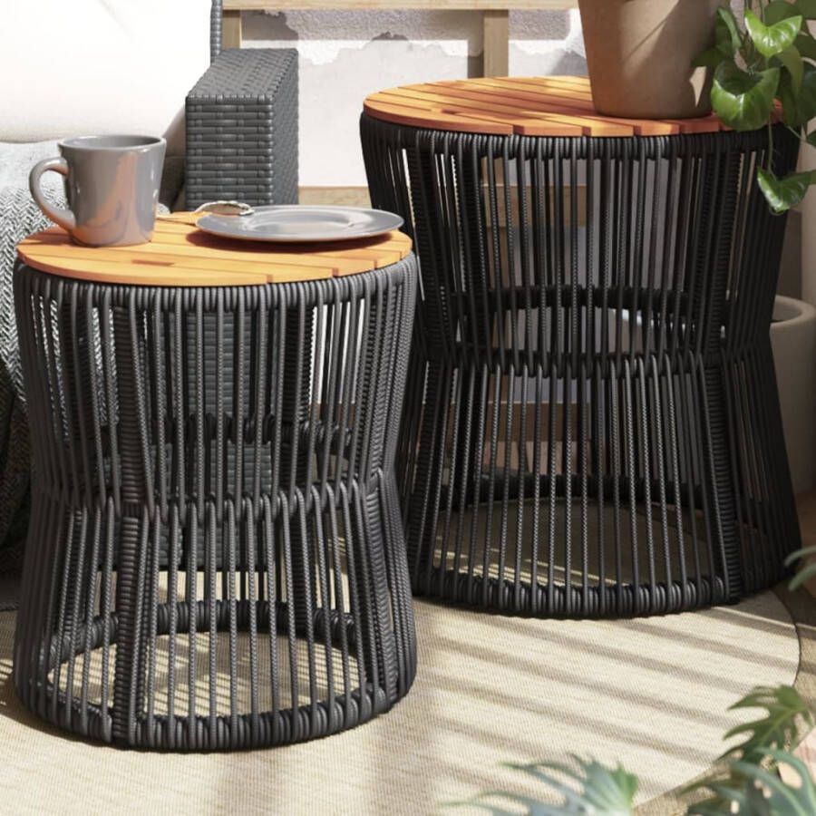 VIDAXL Tuinbijzettafels 2 st met houten blad poly rattan zwart - Foto 4