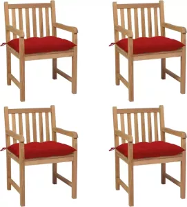 VIDAXL Tuinstoelen 4 st met rode kussens massief teakhout