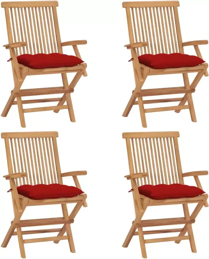 VidaXL Tuinstoelen 4 st met rode kussens massief teakhout - Foto 1