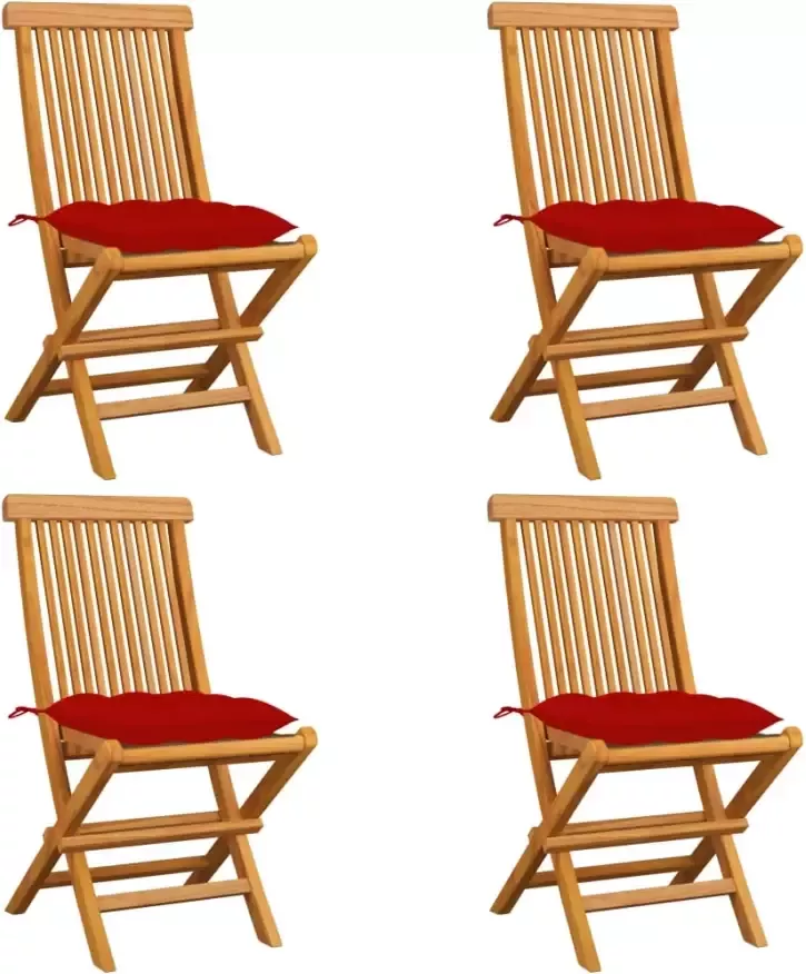 VidaXL Tuinstoelen 4 st met rode kussens massief teakhout - Foto 1