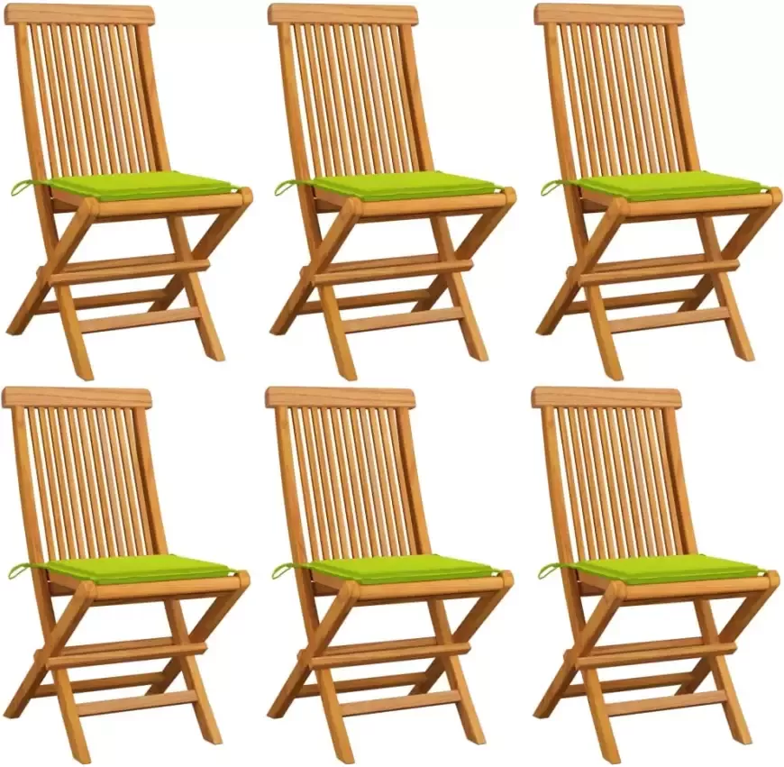 VidaXL Tuinstoelen 6 st met heldergroene kussens massief teakhout - Foto 1