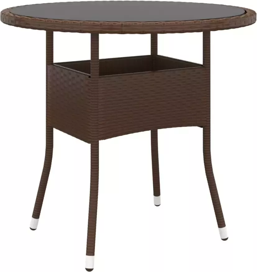 VidaXL Tuintafel Ø80x75 cm gehard glas en poly rattan bruin