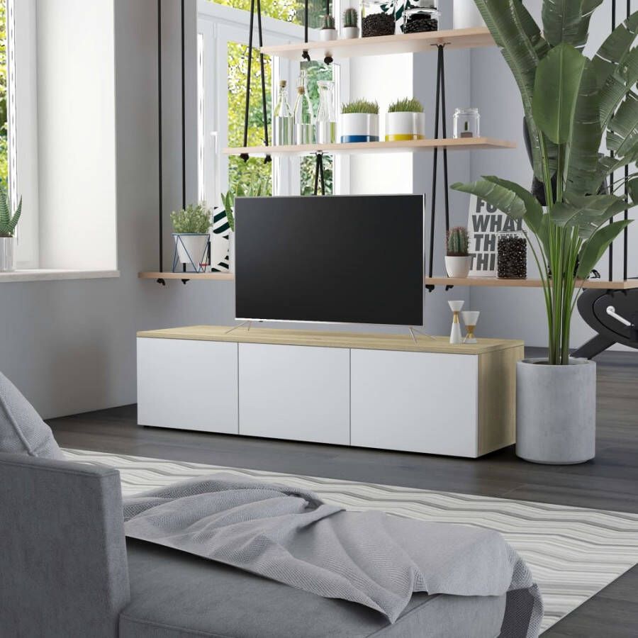 VidaXL -Tv-meubel-120x34x30-cm-bewerkt-hout-wit-en-sonoma-eikenkleurig - Foto 2