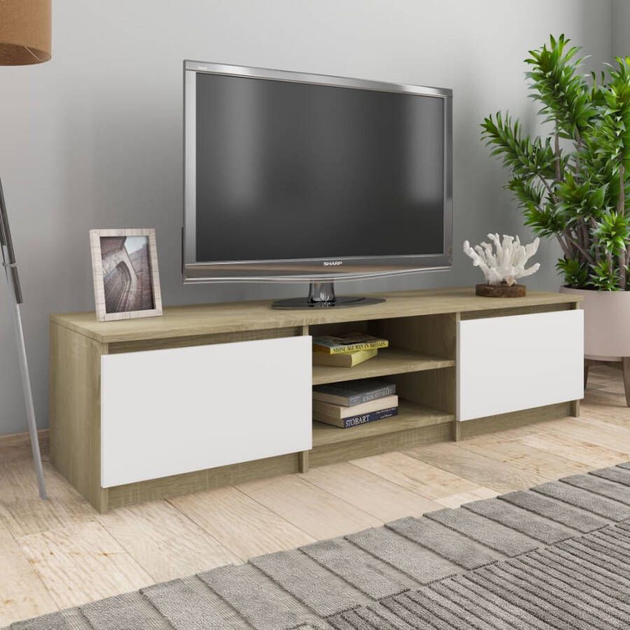 VidaXL -Tv-meubel-140x40x35 5cm-bewerkt-hout-wit-en-sonoma-eikenkleurig - Foto 2