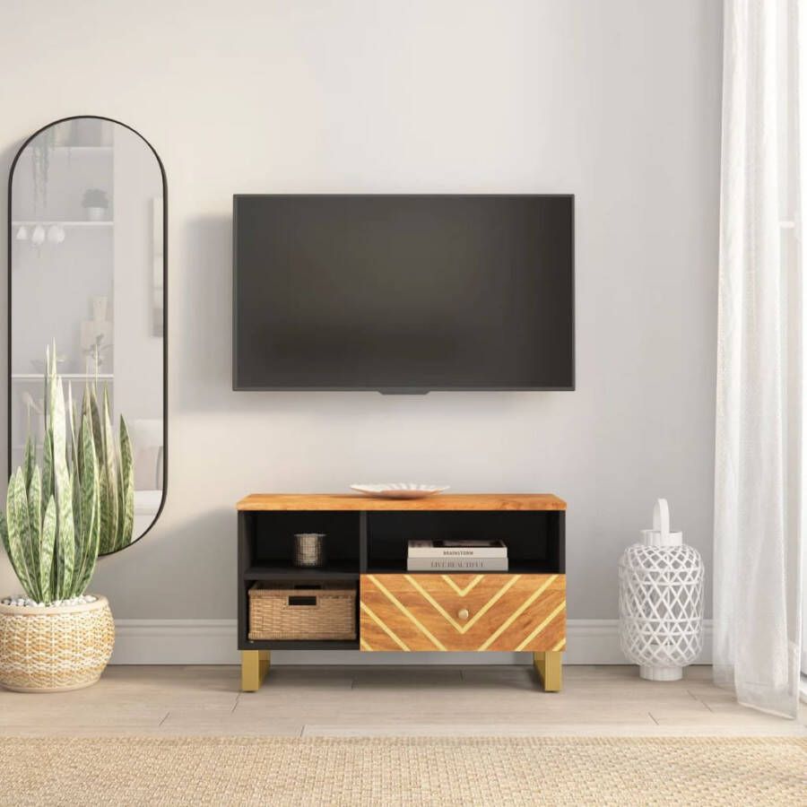 VidaXL -Tv-meubel-80x33 5x46-cm-massief-mangohout-bruin-en-zwart - Foto 2