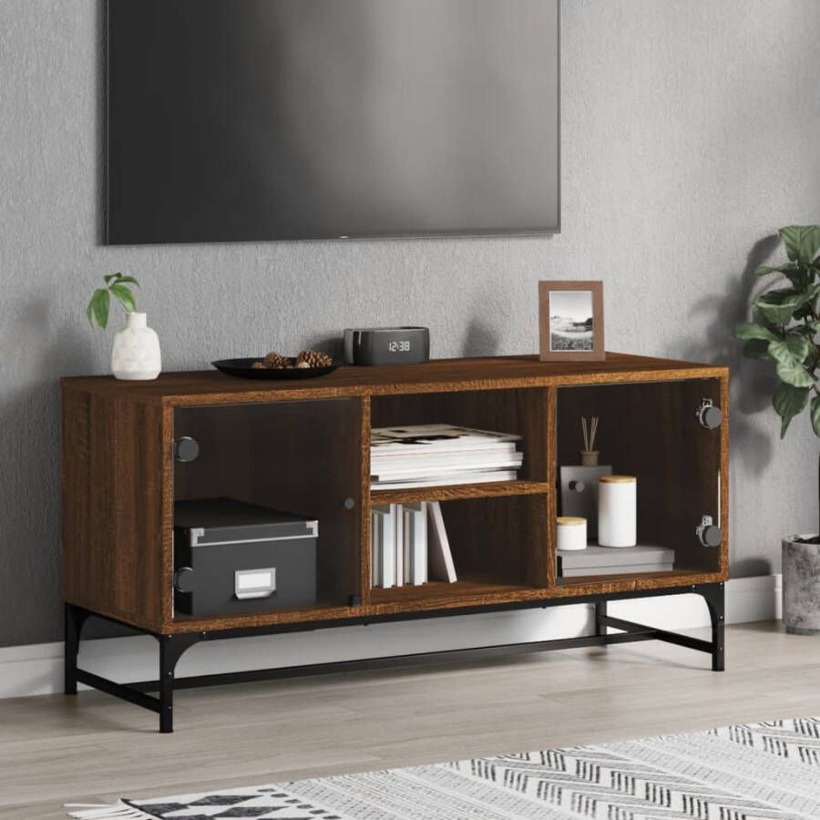 VidaXL -Tv-meubel-met-glazen-deuren-102x37x50-cm-bruineikenkleurig - Foto 3