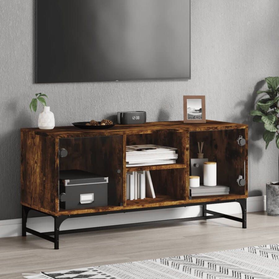 VidaXL -Tv-meubel-met-glazen-deuren-102x37x50-cm-gerookt-eikenkleurig - Foto 3