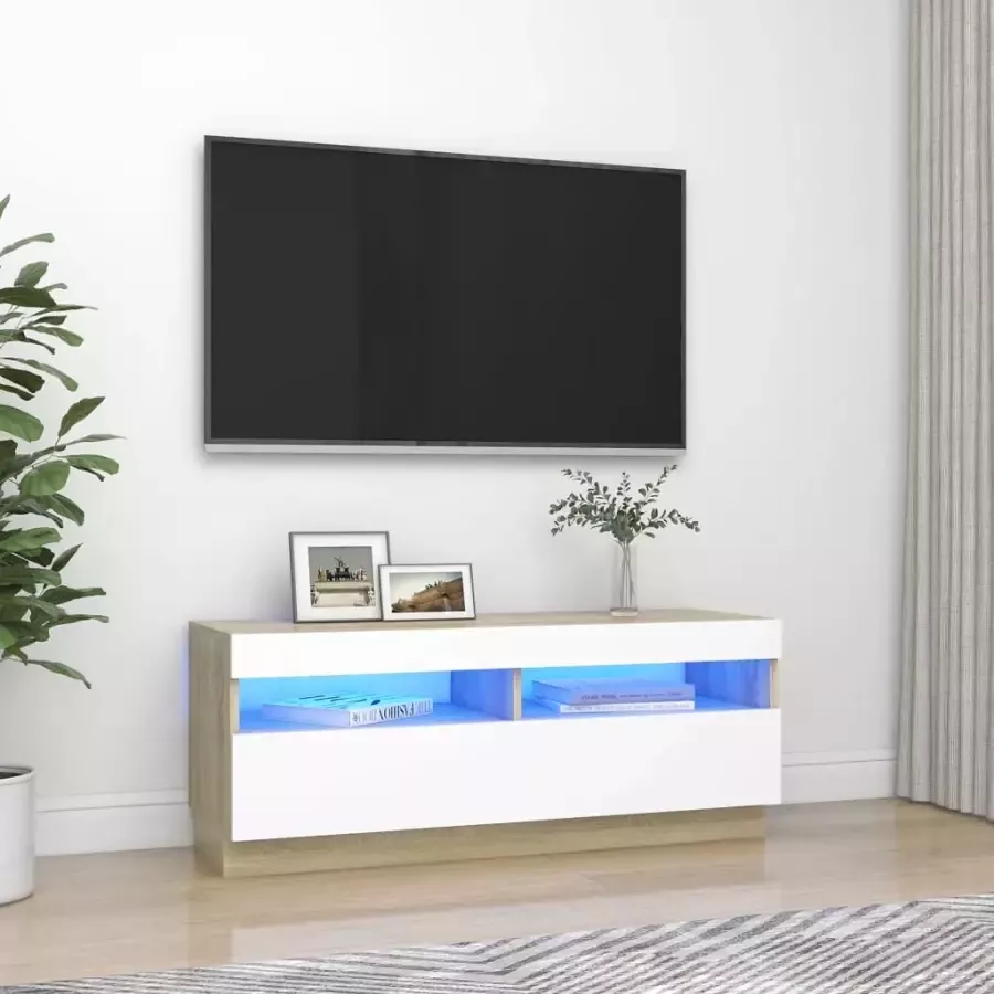 VidaXL -Tv-meubel-met-LED-verlichting-100x35x40-cm-wit-en-sonoma-eiken
