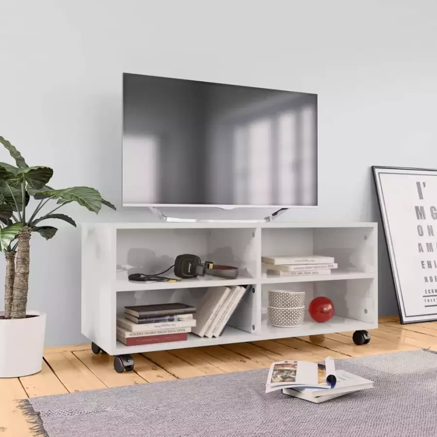 VIDAXL Tv-meubel met wieltjes 90x35x35 cm bewerkt hout hoogglans wit