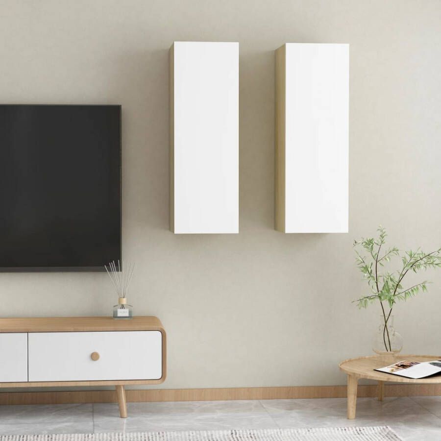 VidaXL -Tv-meubelen-2-st-30 5x30x90-cm-spaanplaat-wit-sonoma-eikenkleur