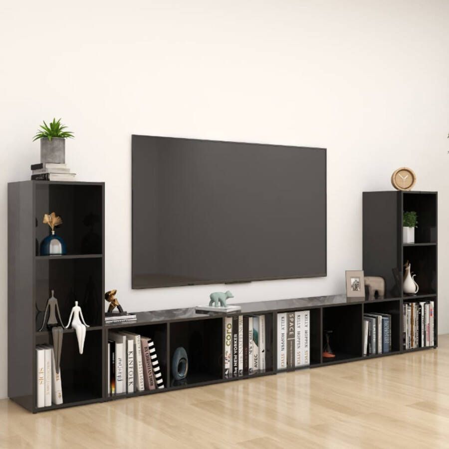 VIDAXL Tv-meubelen 4 st 107x35x37 cm spaanplaat hoogglans zwart - Foto 2