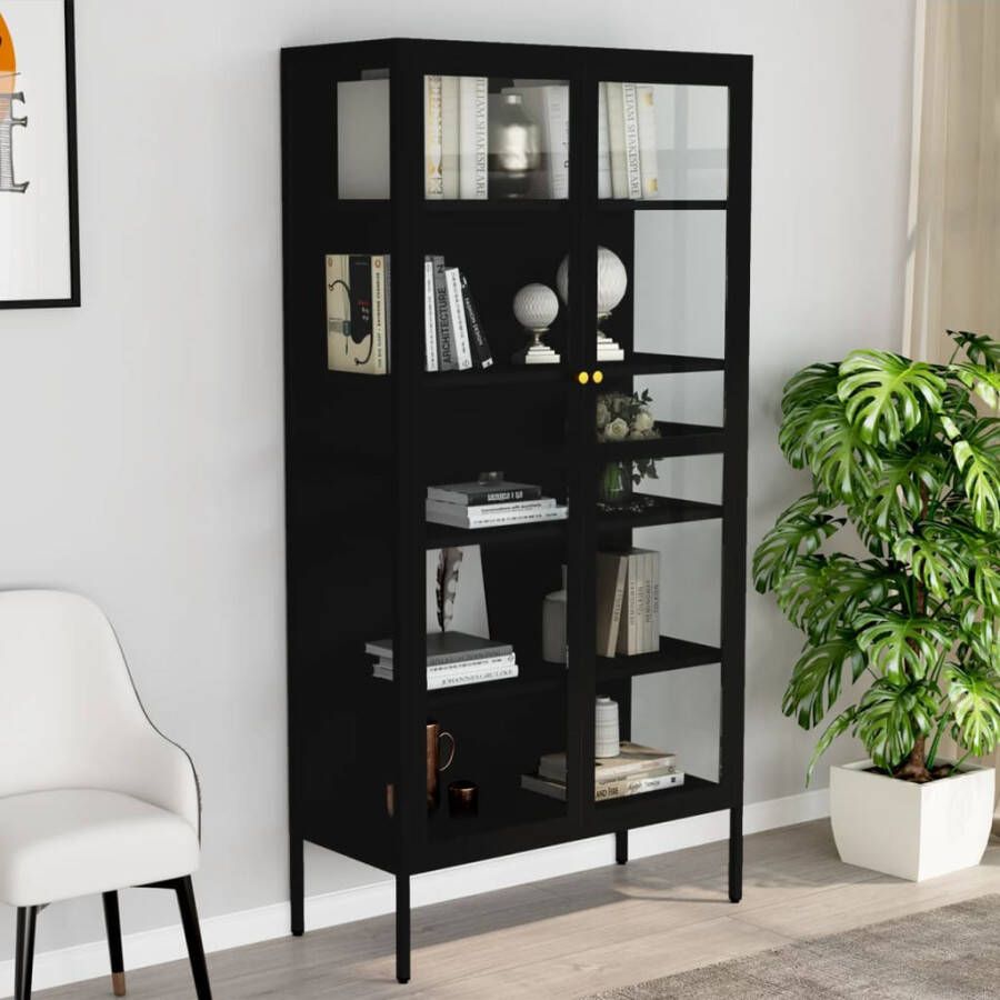 Vida XL vidaXL Vitrinekast 90x40x180 cm staal en gehard glas zwart-VXL-336079