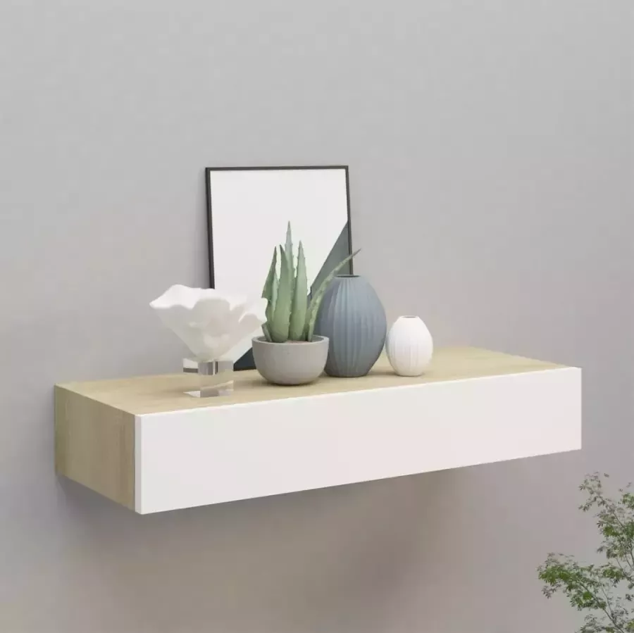 VIDAXL Wandschap met lade 60x23 5x10 cm MDF eikenkleurig en wit - Foto 4