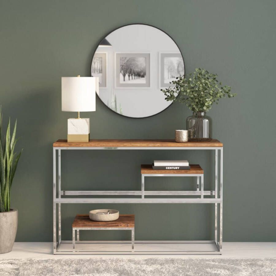 VidaXL Wandtafel Wandtafels Bijzettafel Console Tafel Wandtafel roestvrij staal en massief bielshout zilverkleurig - Foto 2