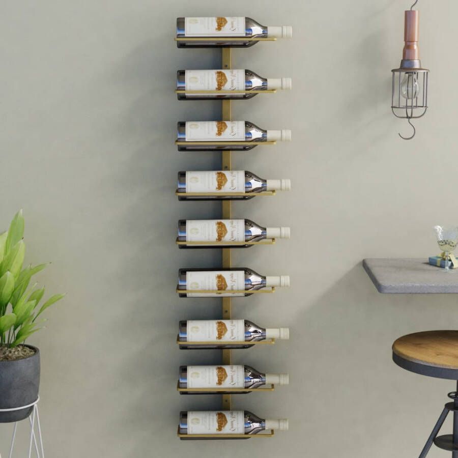 VIDAXL Wijnrek voor 9 flessen wandmontage ijzer goudkleurig - Foto 4