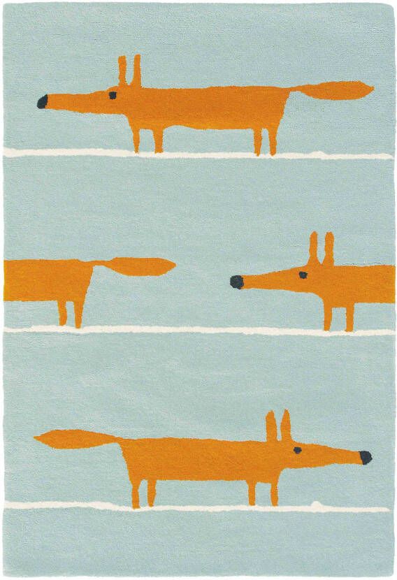 Scion Mr Fox Aqua 25308 Vloerkleed 090x150 Rechthoek Kinder Laagpolig Tapijt Modern Blauw Oranje