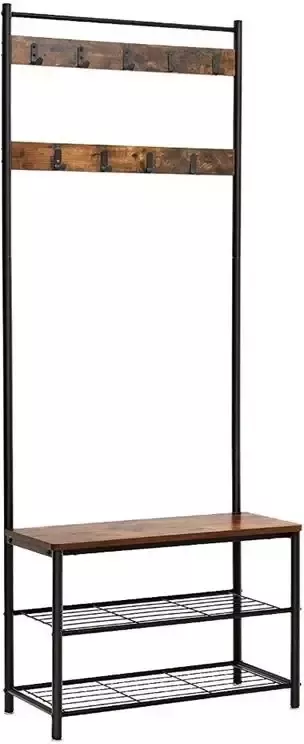 ACAZA Garderoberek Kapstok met 9 Haken en Schoenenrek – 70x32x175cm Zwart en Vintage bruin - Foto 2