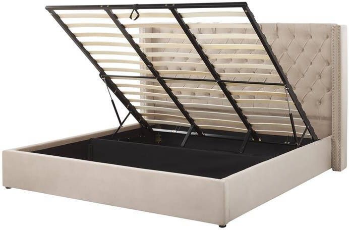 Beliani LUBBON Bed met opbergruimte Beige 180 x 200 cm Fluweel