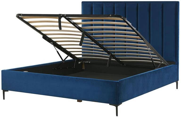 Beliani SEZANNE Bed met opbergruimte Blauw 140 x 200 cm Fluweel