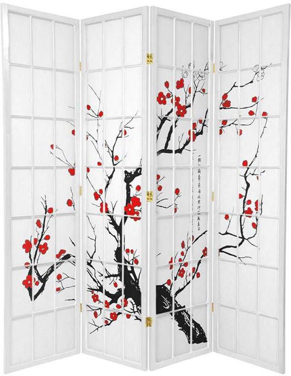 Fine Asianliving Japans Kamerscherm L180xH180cm 4 Panelen Shoji Rijstpapier Wit Sakura