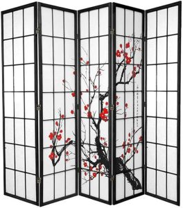 Fine Asianliving Japanse Kamerscherm B225xH180cm 5 Panelen Shoji Rijstpapier Zwart Sakura