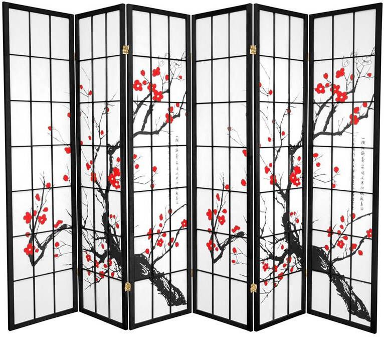 Fine Asianliving Japanse Kamerscherm B270xH180cm 6 Panelen Shoji Rijstpapier Zwart Sakura