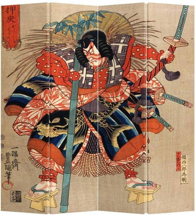 Fine Asianliving Japans Kamerscherm Oosters Scheidingswand B160xH180cm 4 Panelen Japanse Samurai Minamoto no Tametomo