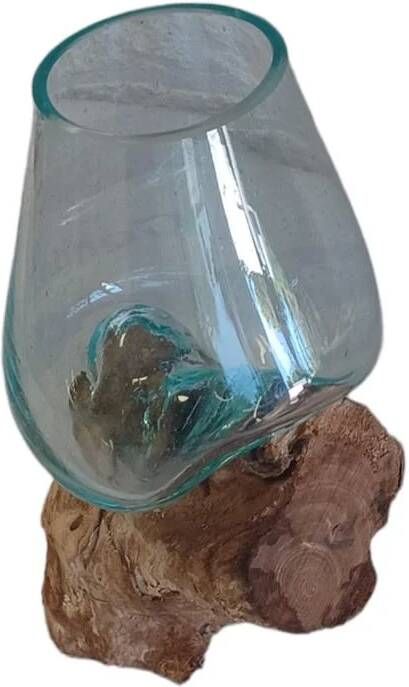 FURNILUX -Glas gesmolten op teakhout Vaas op Hout Viskom