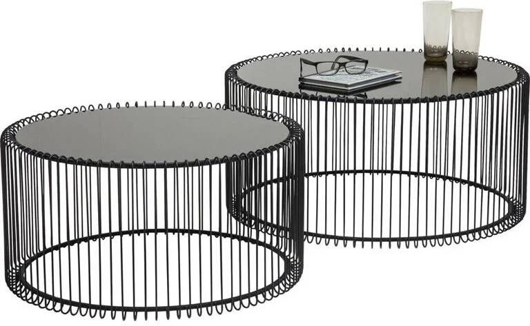 Kare Design Wire Salontafel Set Van 2 Zwart Metaal Met Glazen Tafelblad - Foto 2