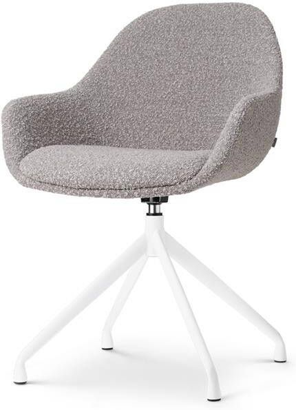 Nolon Nola-Mae Eetkamerstoel Draaibaar Bouclé Taupe met Armleuning Stof Wit Onderstel Design Scandinavisch Comfortabel