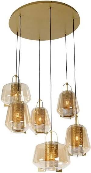 QAZQA Art deco hanglamp goud met amber glas 6-lichts Kevin