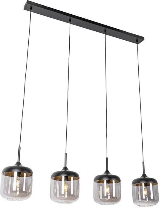 QAZQA Design hanglamp zwart met goud en smoke glas 4-lichts Kyan