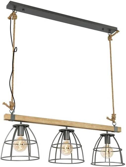QAZQA Industriële hanglamp hout met donkergrijs 3-lichts Arthur