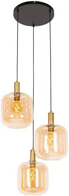 QAZQA Design hanglamp zwart met messing en amber glas 3-lichts