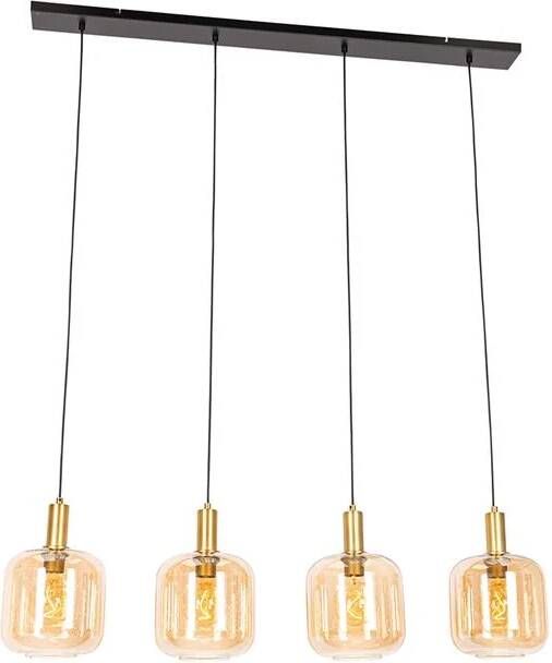 QAZQA Design hanglamp zwart met messing en amber glas 4-lichts