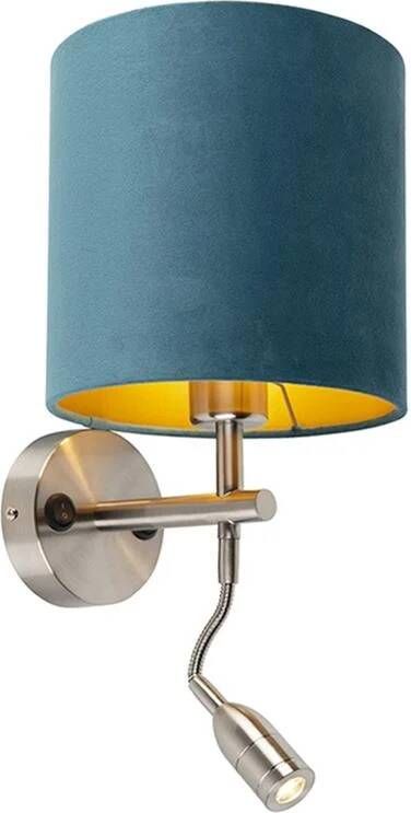 QAZQA Wandlamp staal met leeslamp en kap velours 20|20|20 blauw