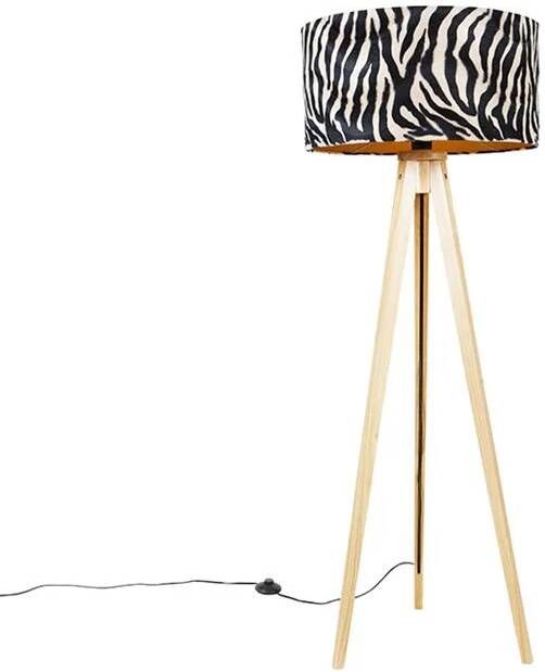 QAZQA Vloerlamp hout met stoffen kap zebra 50 cm Tripod Classic