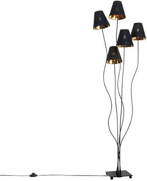 QAZQA Design vloerlamp zwart met goud 5-lichts Melis